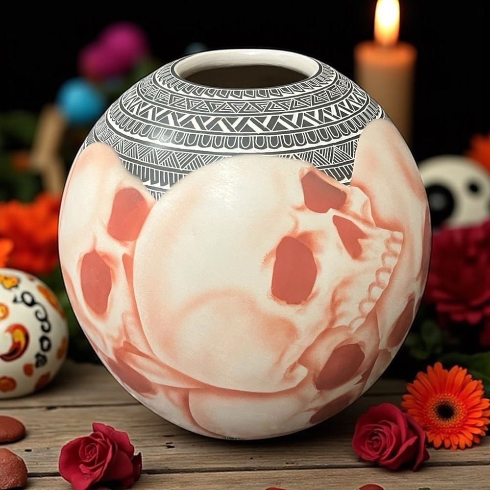 Mata Ortiz Pottery Hilario Quezada Jr Etched Skull Day Of Dead Mexican Fine Art - Picture 5 of 9